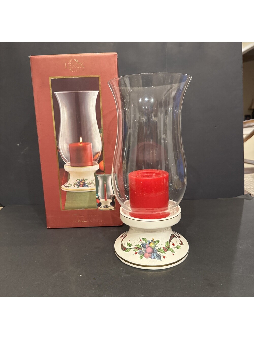 Lenox Holiday Tartan Hurricane With Pillar And Candle Stand 12.25” H By 5.5” W